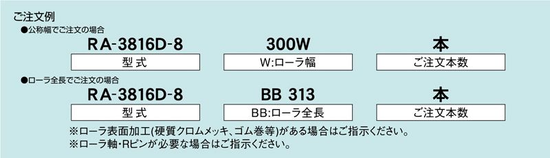 注文例　RA-3816D-8　コンベヤ用ローラ　グラビティローラコンベヤ　アルミ製ローラ