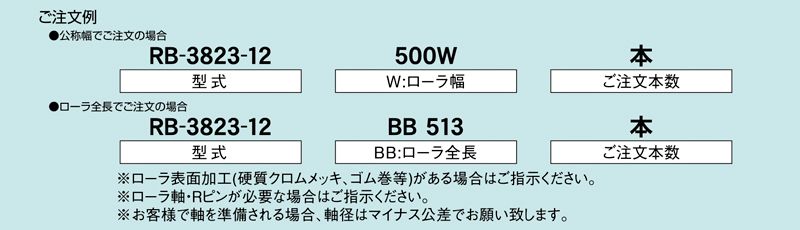 注文例　RB-3823-12　コンベヤ用ローラ　グラビティローラコンベヤ　スチール製ローラ