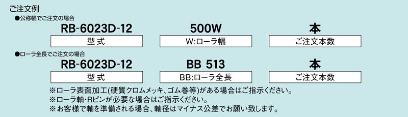 注文例　RB-6023D-12　コンベヤ用ローラ　グラビティローラコンベヤ　スチール製ローラ