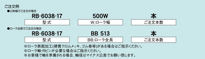 注文例　RB-6038-17　コンベヤ用ローラ　グラビティローラコンベヤ　スチール製ローラ