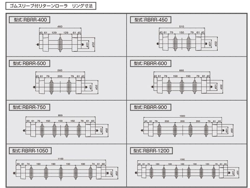 リング寸法　RBRR-450　ベルトコンベヤ用ローラ　落荷防止リターンローラ　ベルト巾450㎜　キャリヤローラ　コンベヤ