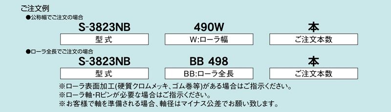 注文例　S-3823NB　コンベヤ用ローラ　グラビティローラコンベヤ　スチール製ローラ