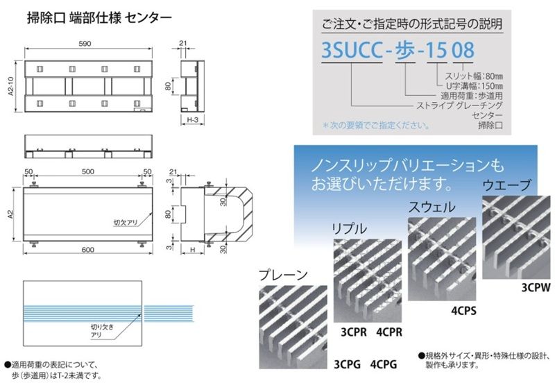U字溝用ストライプグレーチング(ボーダータイプ受枠)(センタータイプ)集水ます