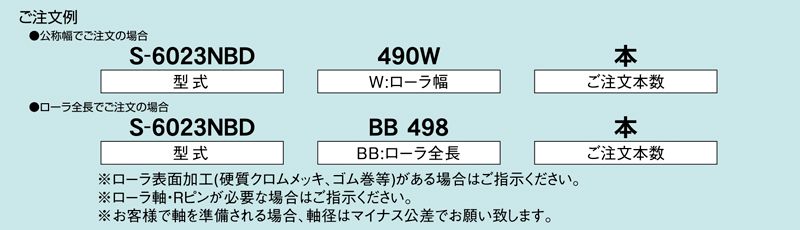 注文例　S-6023NBD　コンベヤ用ローラ　グラビティローラコンベヤ　スチール製ローラ