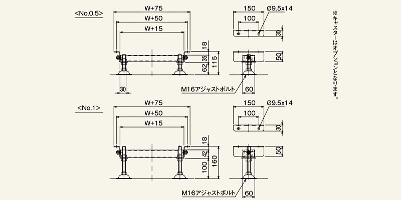 ローラコンベヤ用スタンド　2B型低床スタンド　図面　スチール製グラビティローラコンベヤ(Mシリーズ)