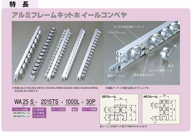 特長　WA45W-38TS-K　ホイールコンベヤ　アルミフレームキットホイールコンベヤ　グラビティコンベヤ